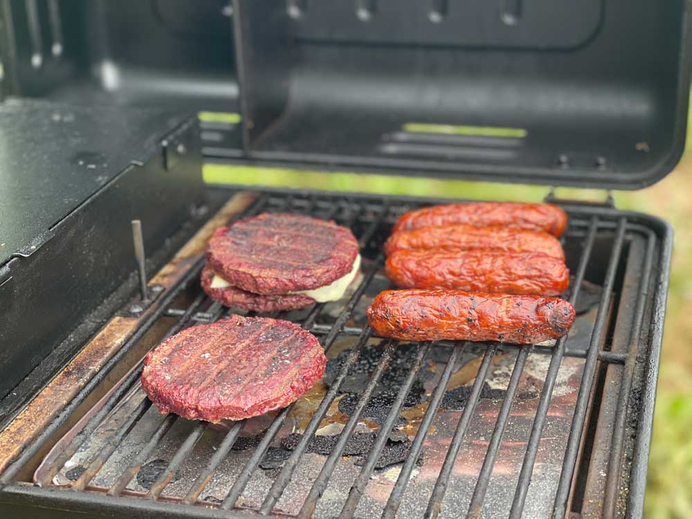 portable pellet grill burger and sausages