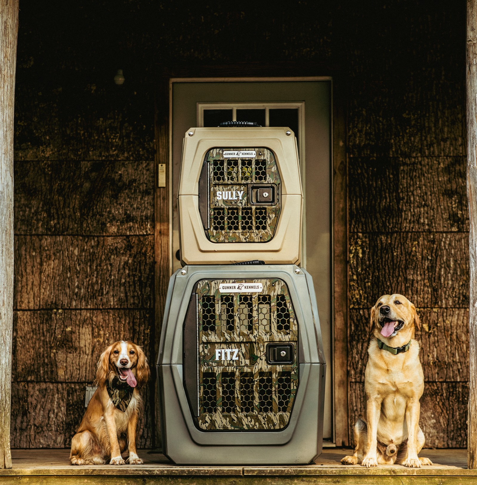 two dogs sit next to their respective Gunner kennels