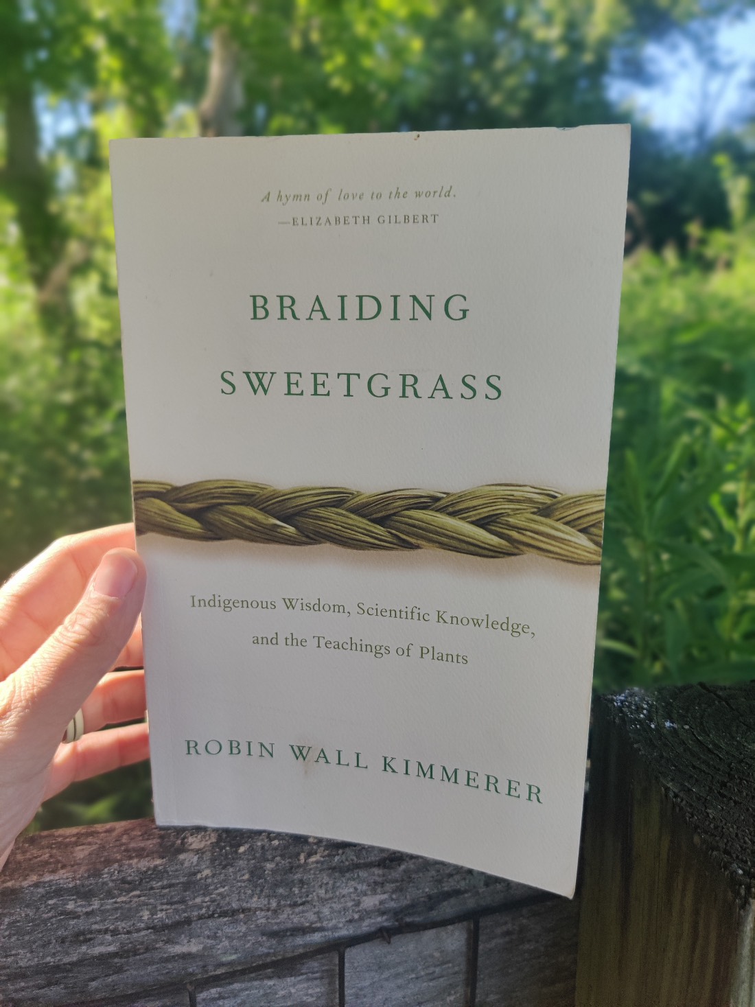 braiding sweetgrass cover held in the air outside
