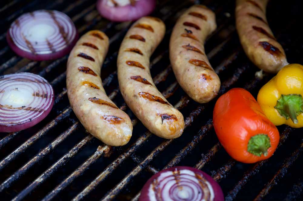 duck sausage and peppers on grill