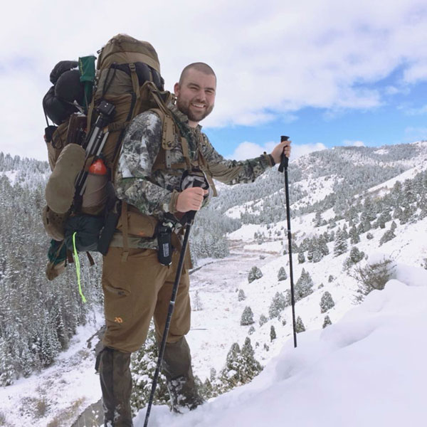 Cory Dukehart hiking in snowy Idaho