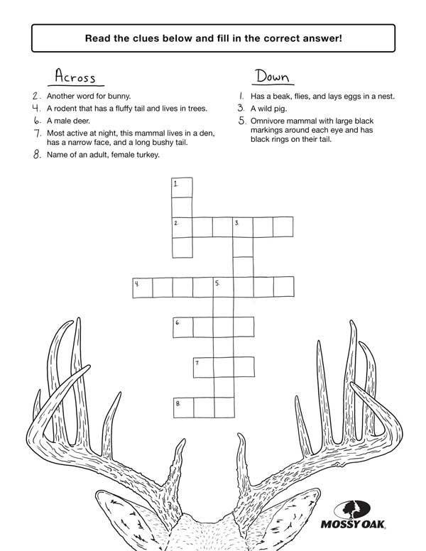 Mossy Oak kids activity sheet crossword