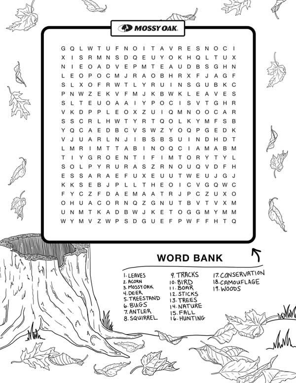 Mossy Oak kids activity sheet word search