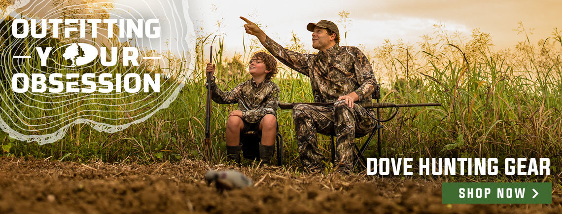 dove hunting advertisement. man and boy sit dove hunting