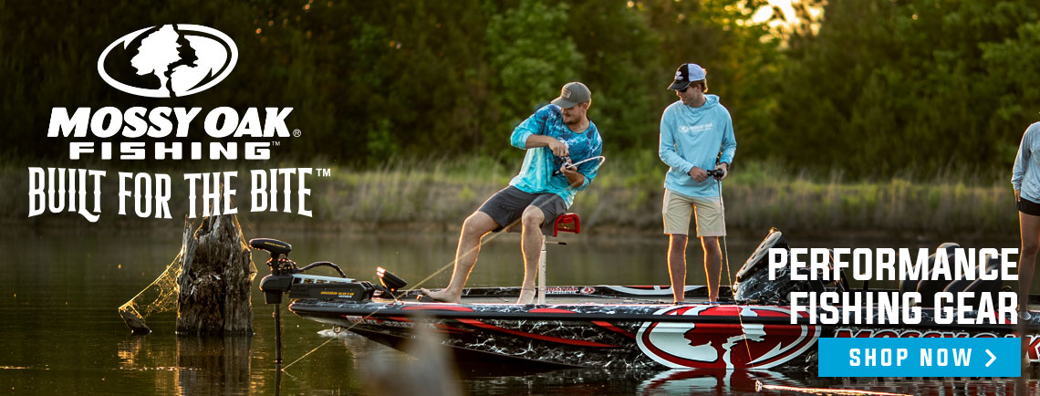 advertisement for mossy oak fishing apparel. two men on a boat