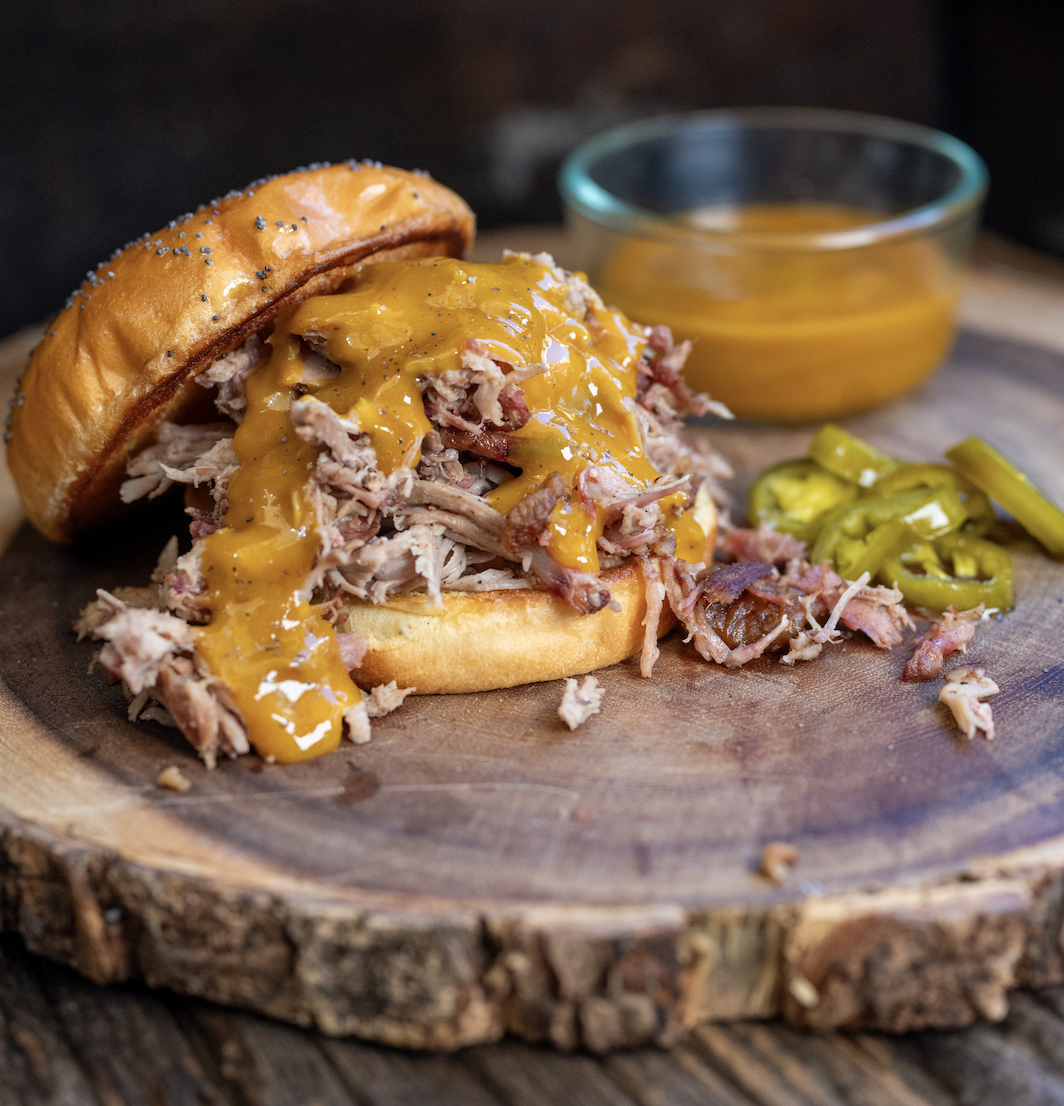Smoked Pulled Wild Boar BBQ Sandwiches with Carolina Gold Sauce