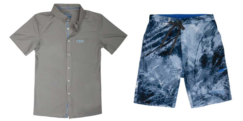 fishing button up and board shorts