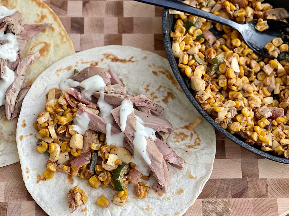 duck tacos with mexican corn