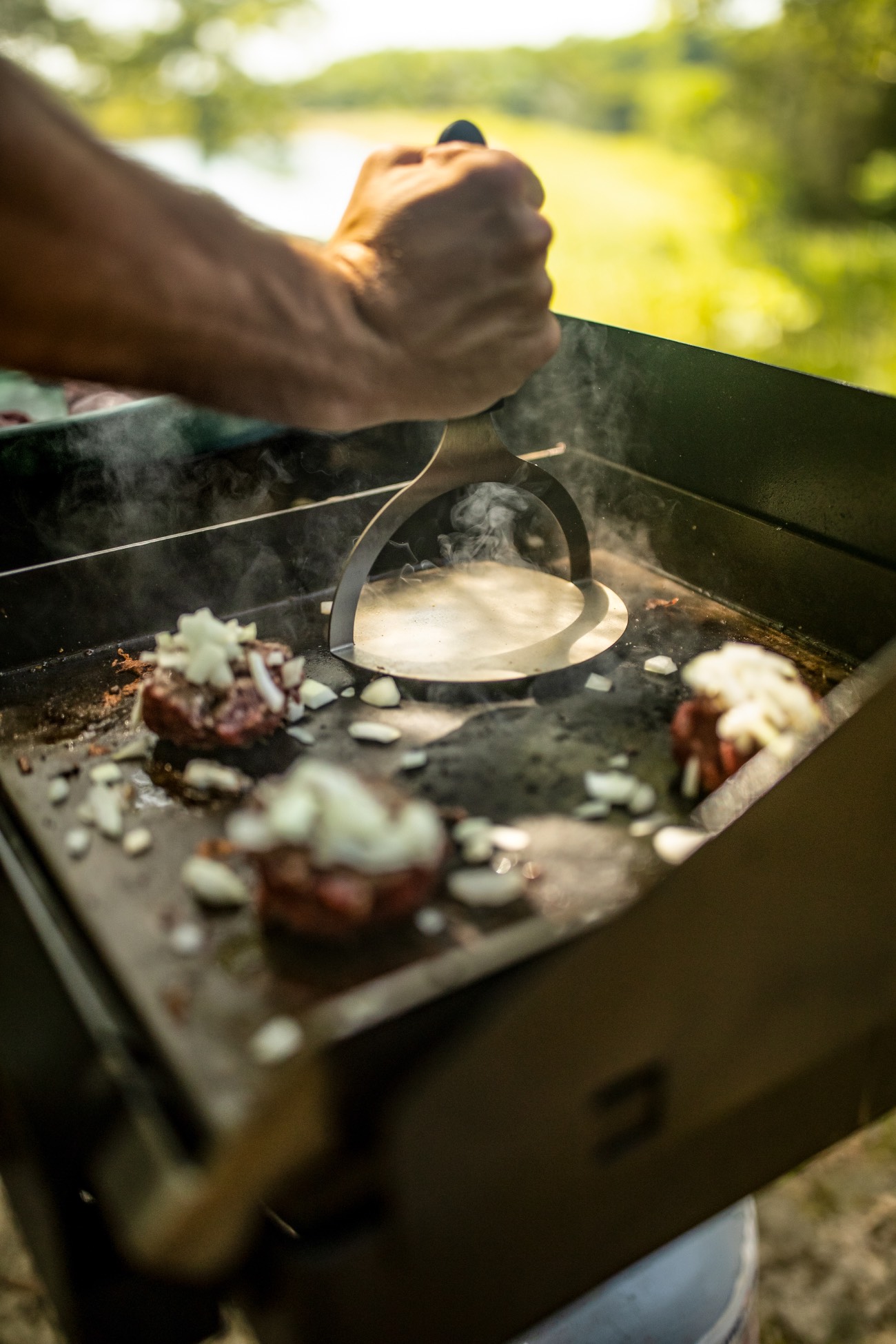 smash burger on the grill