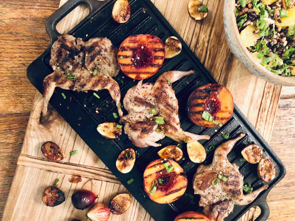 grilled quail with peaches