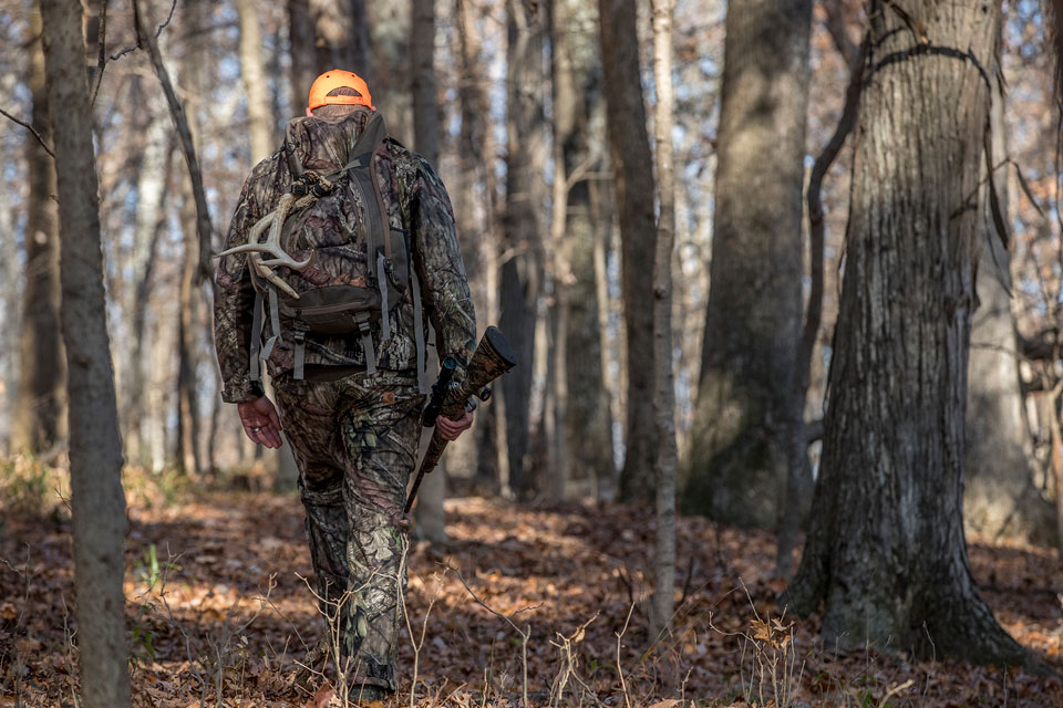 hunter walking through woods