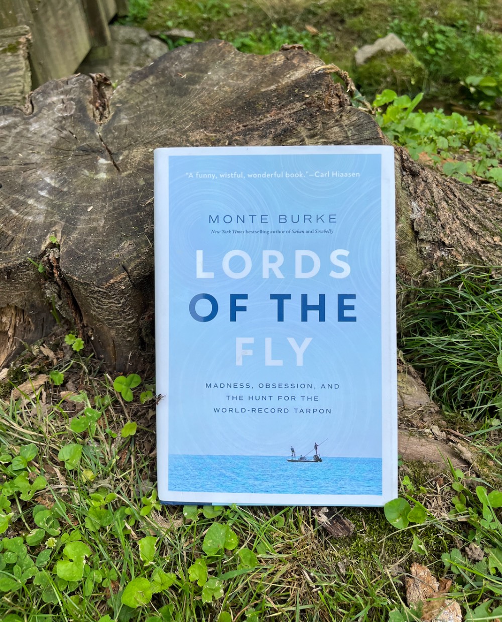the book lords of the fly sitting in front of a stump