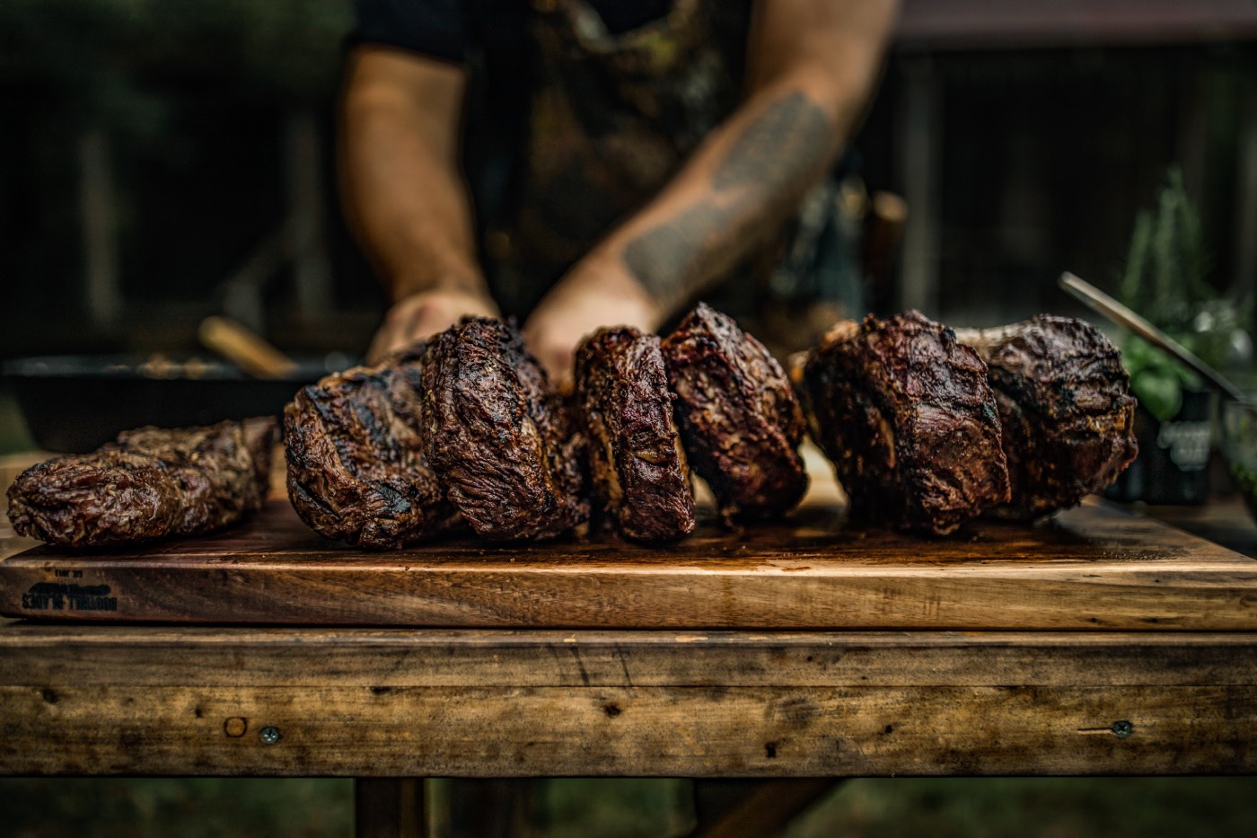 bison tomahawks, cooked, lined up