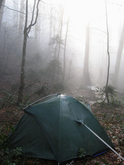 tent in the rain