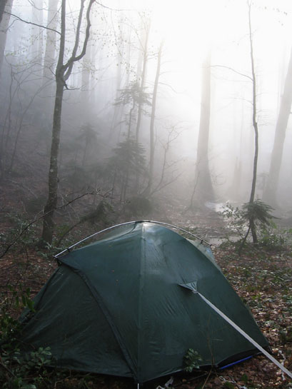 tent in the rain