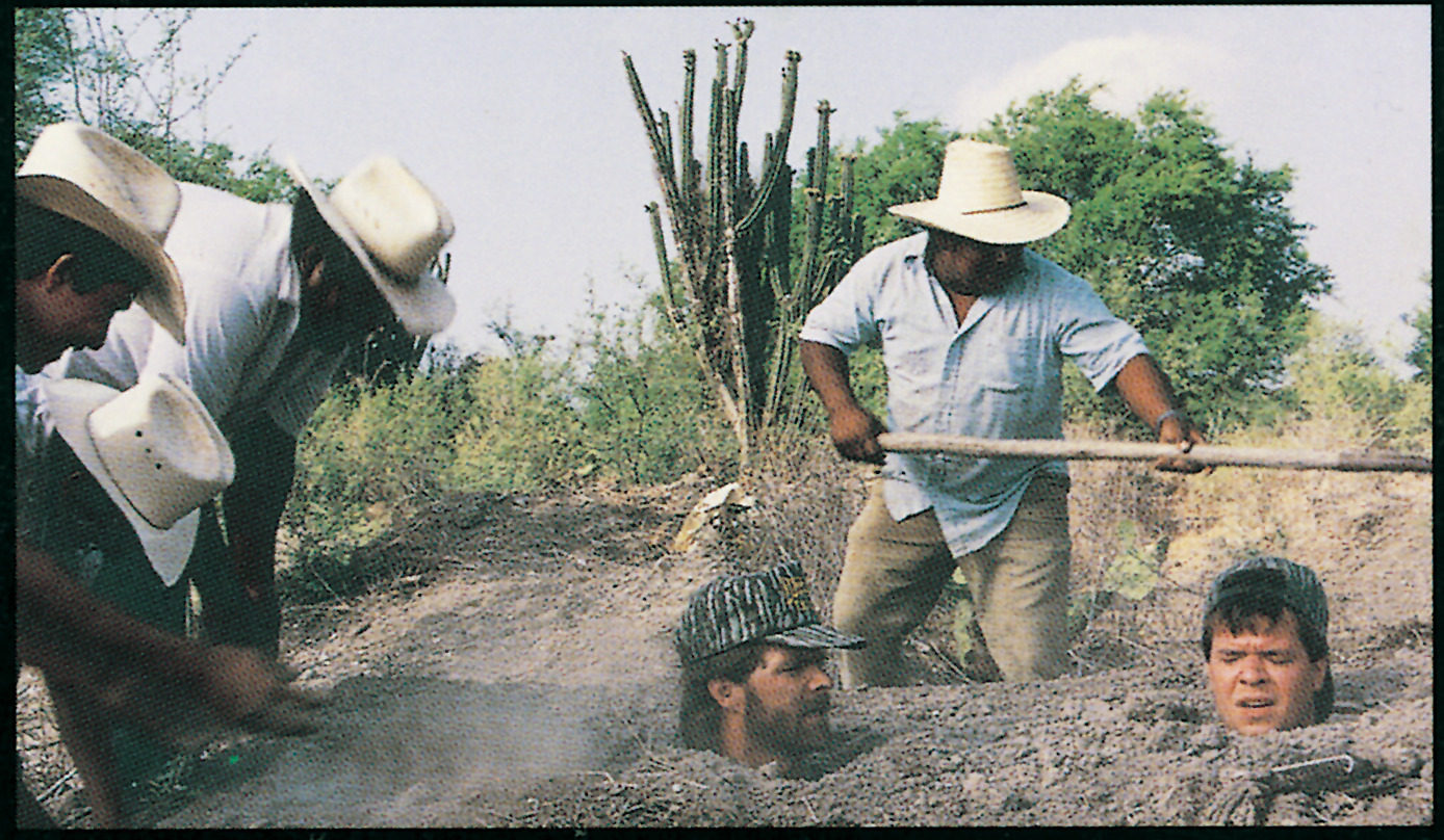 tk and mike are buried in the dirt; only their heads are above ground